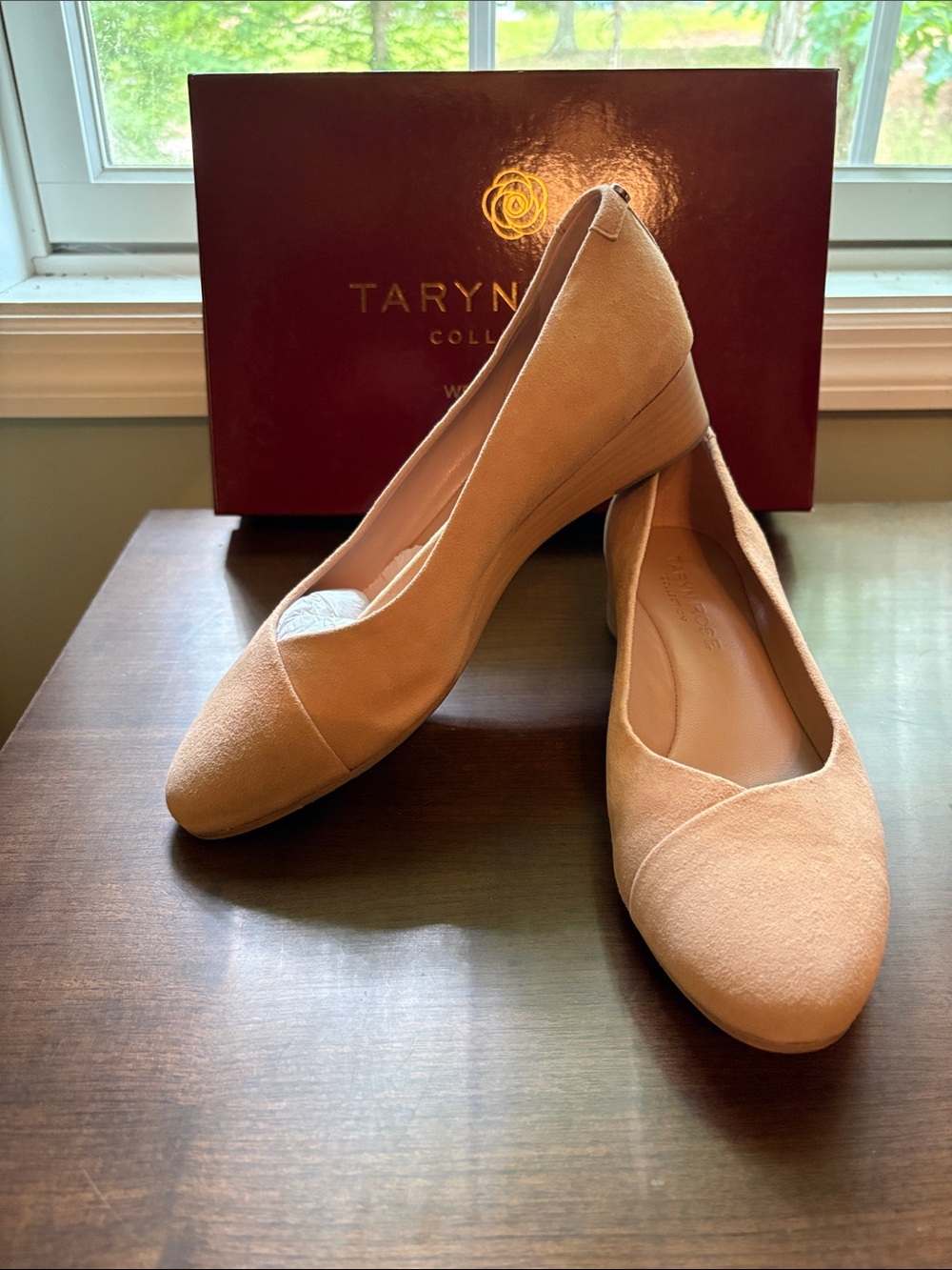 Taryn Rose Blush Suede Low Wedge Pumps